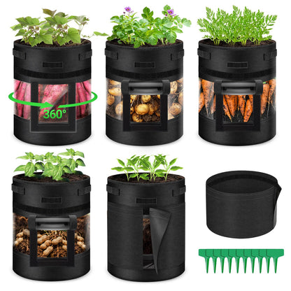 5 Pack 10 Gallon 360° Visible Potato Grow Bags with Shading Flap & Harvest Window – Heavy Duty 400g Non-Woven Fabric Potato Bags for Growing Potatoes with 10 Green Labels, Potato Growing Containers