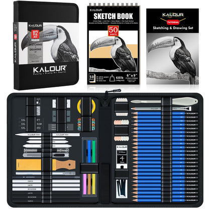 KALOUR PDAS 112 Drawing Set Sketch Kit, Pro Art Supplies with 3-Color Sketchbook, Graphite, Charcoal Pencils, Art Drawing Kit for Artists Adults Teens Beginners, Ideal for Shading & Blending