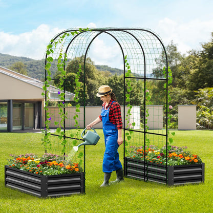 UrGROWA 3 in 1 Galvanized Raised Garden Bed with 87" H Arch Trellis for Climbing Plants, Outdoor Gardening Planter Box with Climbing Net for Flower Vegetables Fruits Herbs, Black