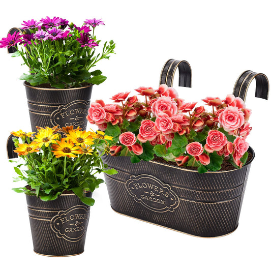 PerGar 3 Pack Metal Railing Planter Box Outdoor, 10.6" Hanging Flower Pots with Detachable Hooks & Drainage Holes, Rail Planter Boxes for Balcony Deck Porch Fence Garden Home Decoration, Black
