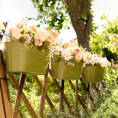 pansparade 5 Pack Metal Hanging Flower Pots for Railing Fence，Outdoor Balcony Rail Planter with Garden Tools Detachable Hooks Drainage Holes for Deck Garden Home Decor Green