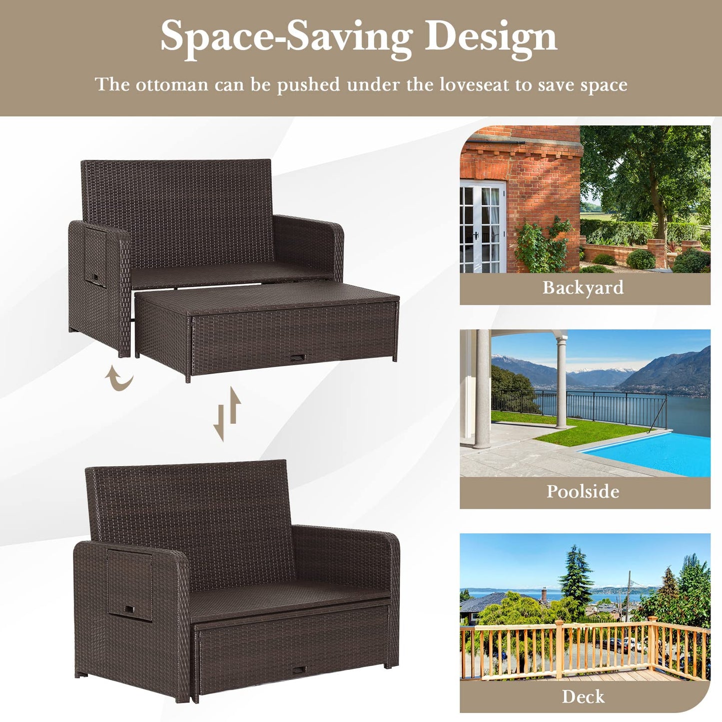 Tangkula Patio Rattan Daybed with 4-Level Adjustable Backrest, Outdoor PE Wicker Loveseat with Storage Ottoman & Folding Side Tray, Double Sunbed Lounger for Balcony, Backyard & Poolside