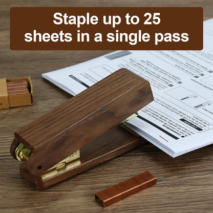 MultiBey Walnut Wood Stapler for Desk - Natural Woodgrain Stapler 25 Sheet Capacity with 1000 Staples, Jam Free, Retro Business Desktop Staplers Desk Accessories for Office Home School