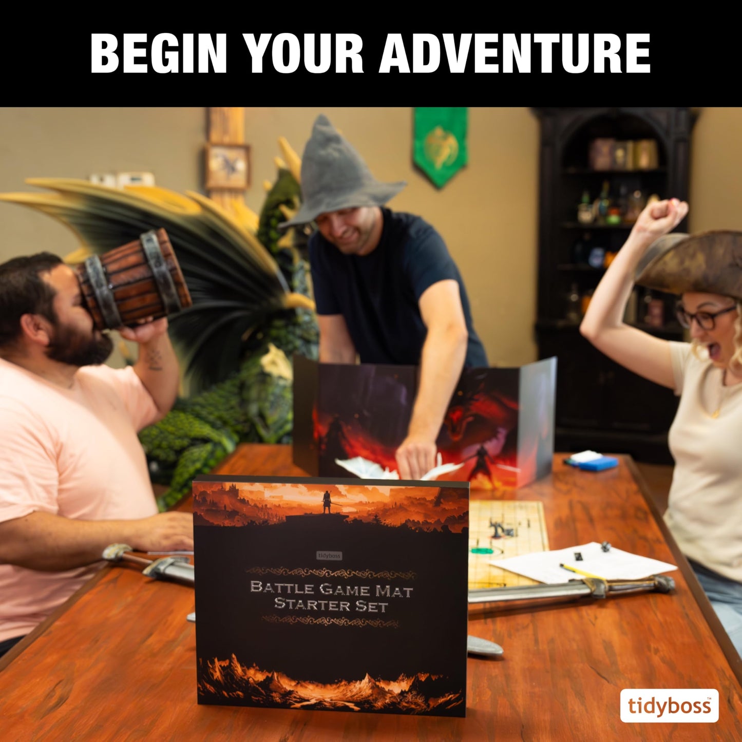 TIDYBOSS Dungeons and Dragons Foldable Battle Mats | 2 x Battle Grid Mats with Dungeon Master Screen | Wet & Dry Erase DND Board Game | DND Gifts & DND Accessories