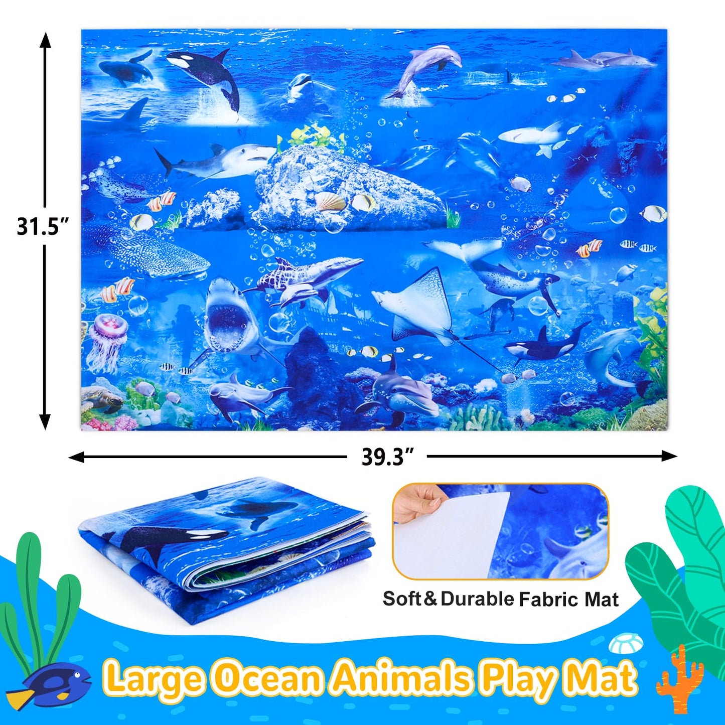 GINMIC Kids Ocean Animals Toys with Large Play Mat , 18 Pack Assorted Realistic Sea Animal Toys with Carrier Bag Including Shark, Whale, Dolphin etc, for Toddler, Boys & Girls Ages 3-8
