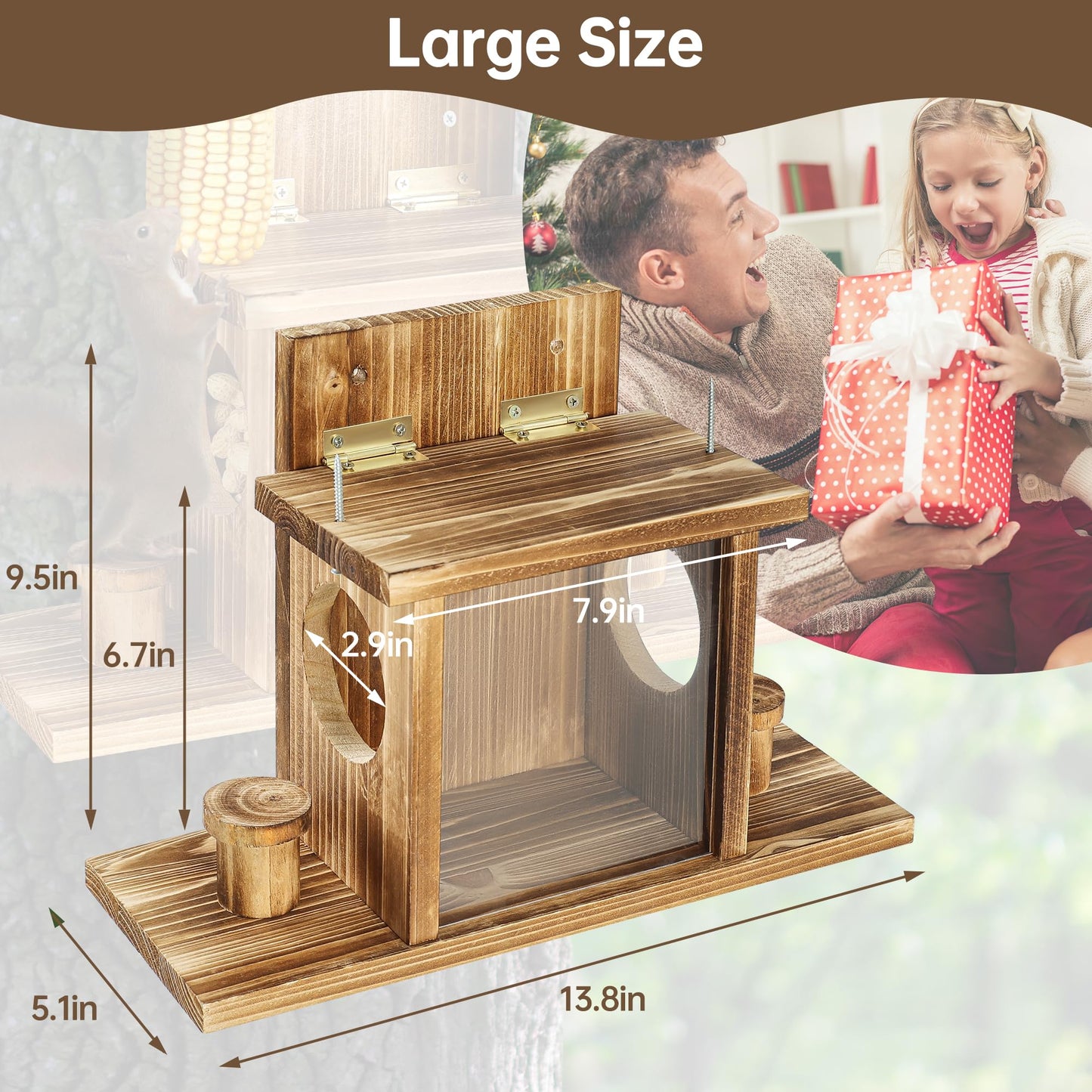 Carbonized Squirrel Feeders for Outside, Funny Chipmunk Feeder, Easy Filling & Cleaning with Removable Front Panel, Durable Outdoor House Box, Attracts Squirrel & Chipmunk