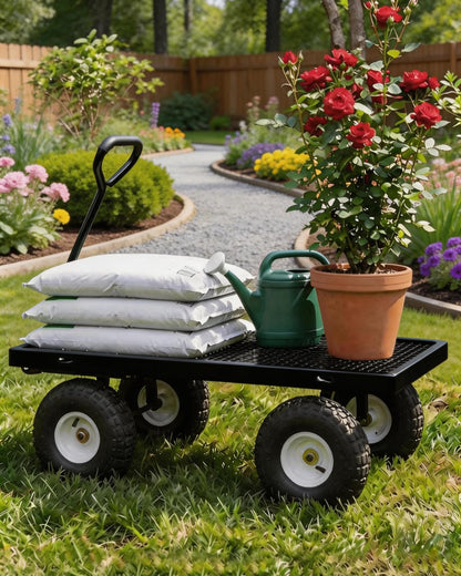 GarveeTech 800LBS Heavy Duty Steel Garden Cart, Garden Wagon Cart on Wheels, Metal Yard Utility Wagon with Removable Mesh Sides, 10" All Terrain Tires, 180° Rotating Handle for Lawn, Garden, Farm
