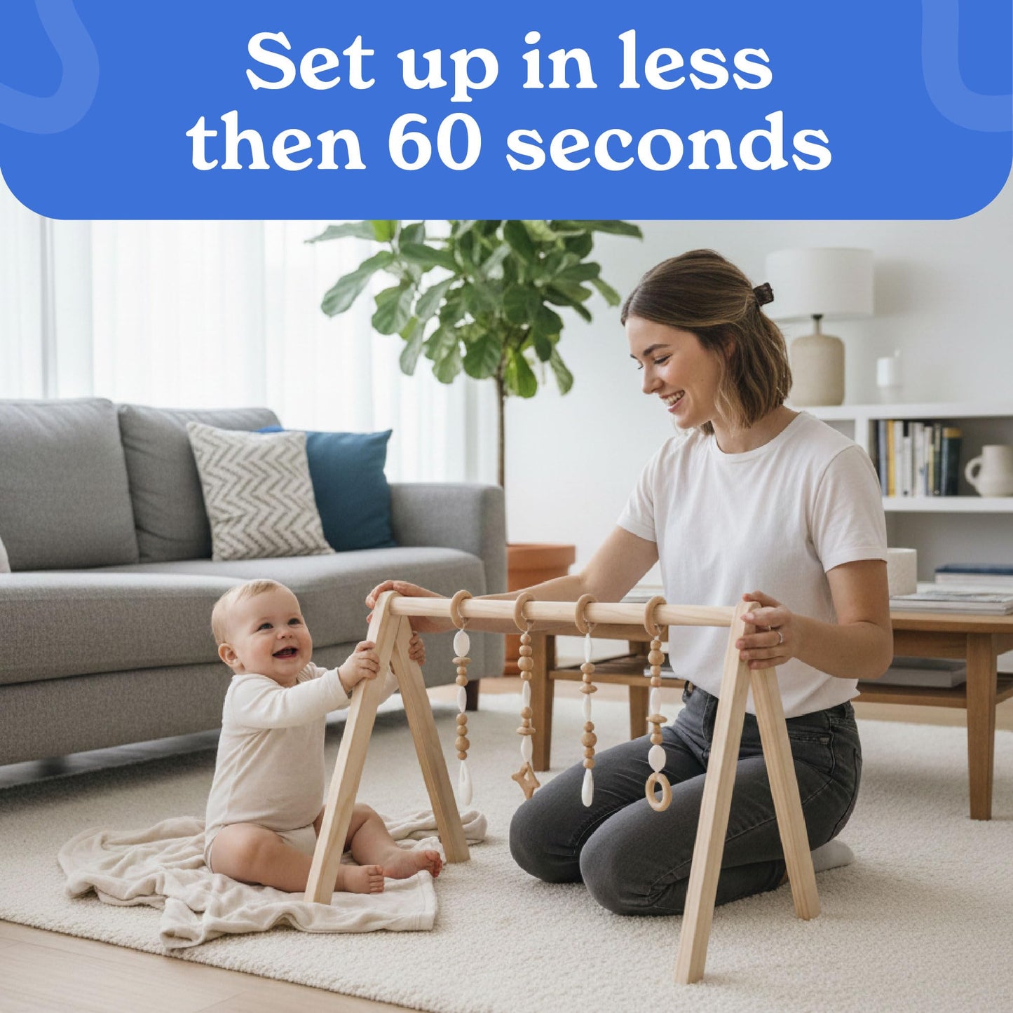 Poppyseed Play Wooden Baby Play Gym | Montessori-Inspired Activity Center with 4 Hanging Toys | Natural Wood & Silicone | Ideal for Tummy Time, Sensory Play & Motor Skill Growth | 0-12 Months