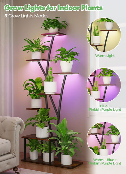 Quikraen 7 Tier Tall Plant Stand with Grow Light For Indoor Plants Growing 60in Indoor Flower Stand Tree-Shaped Plant Shelves for Living Room Patio Black