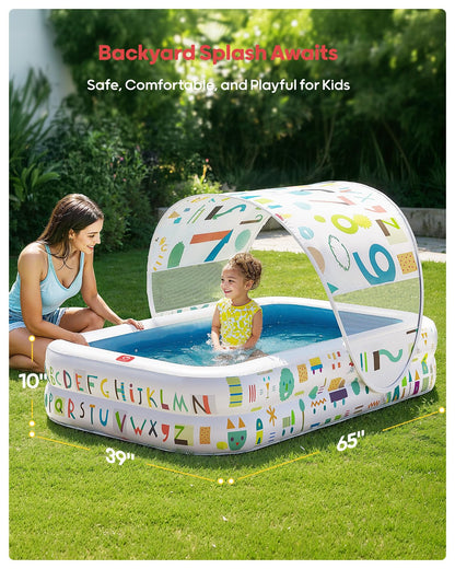 QPAU Kiddie Pool – 65" x 39" Inflatable Pool for Kids & Toddlers, Ball Pit & Baby Pool with Soft Cushioned Floor, Canopy for Sun Protection, Durable Outdoor Play Toys for Backyard & Indoor (Blue)