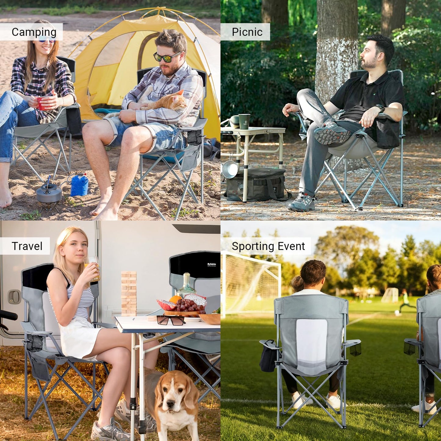 Byliable Camping Chairs Lawn Portable Foldable Camp Folding Lightweight Chair for Adults with Drink Holder and Cooler Pouch Outdoor for Camping, Lawn, Sports, Picnic, Music Festival, Gray Black