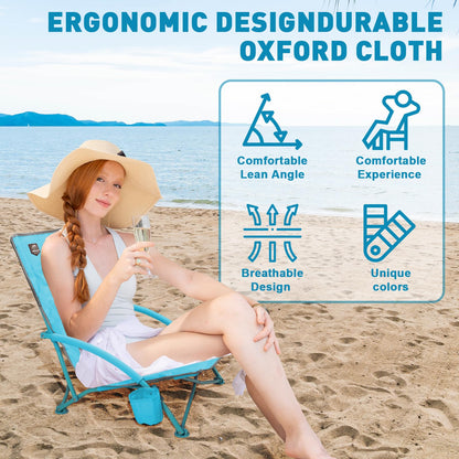LANMOUNTAIN 2 Pack Low Beach Chair,Folding Recliner Camping Chair for Adults,Lightweight Backpacking Low Seat Camping Chairs with Cup Holder,Carry Bag for Outdoor Camp Lawn Picnic Festival,Blue