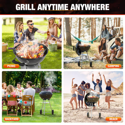 GRiliFE 18 inch Charcoal Grill, Portable Kettle BBQ Grills, Perfect BBQ Gift, Durable & Easy to Assemble, Round Barbecue Grill with Wheels and Lid for Outdoor Cooking, Patio and Beach, Black