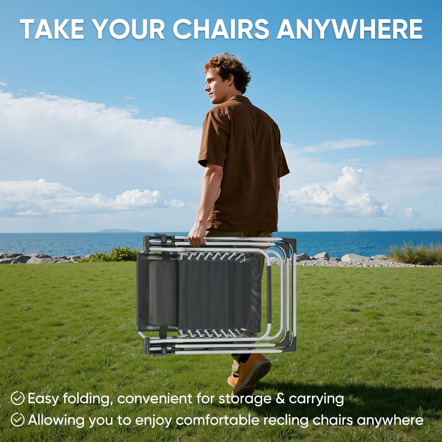 DUMOS Zero Gravity Chair, Reclining Camping Lounge Chair for Outdoor, Reclining Patio Chairs with Cup Holder Trays and Removable Cushion, Folding Recliner for Indoor, Grey