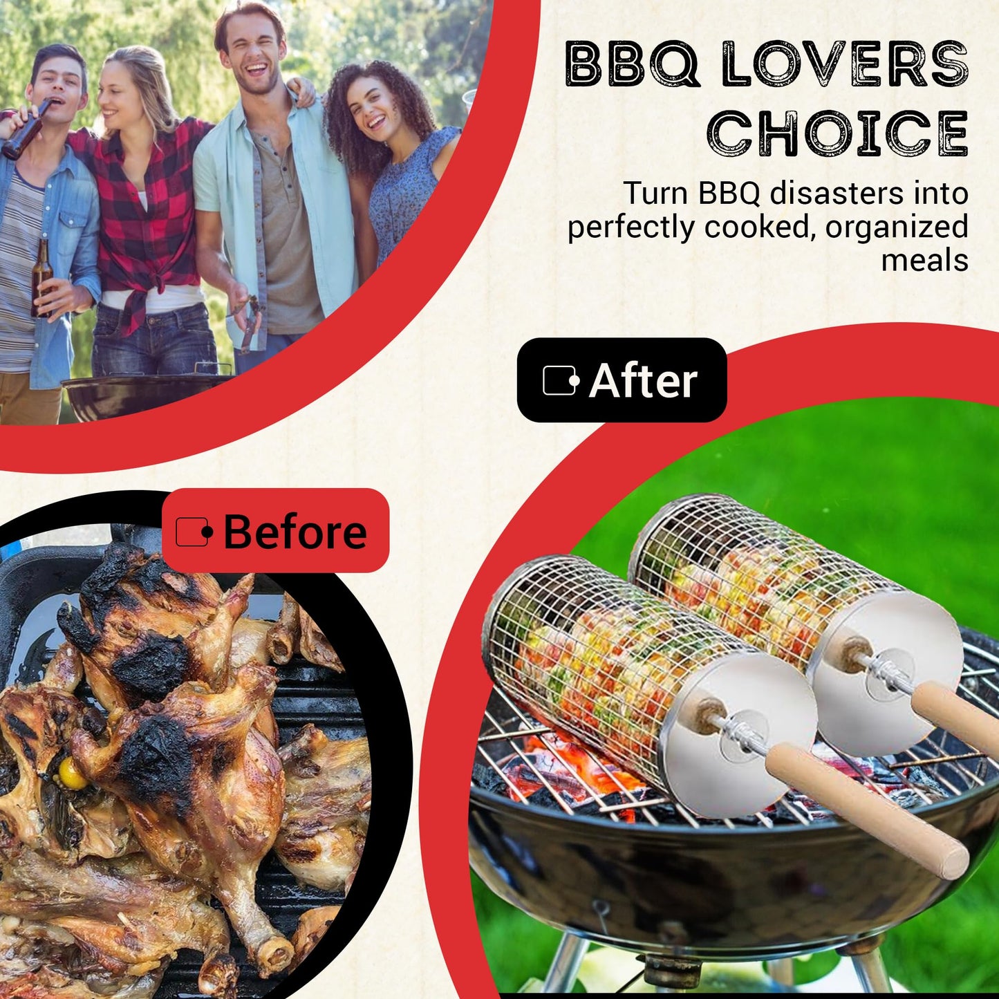 Rolling Grill Basket Round Shaped with Removable Wooden Handle, 304 Stainless Steel, Nesting Grilling Net, BBQ Accessories Tools for Vegetables Shrimp, Outdoor Cooking Camping Gift