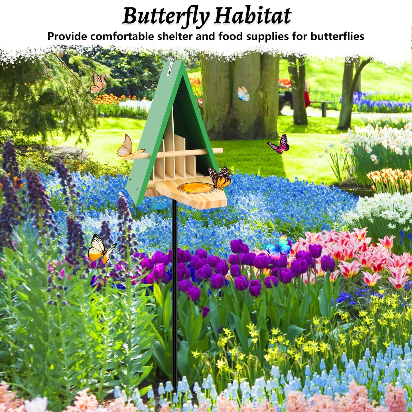 New Butterfly House and Feeder for Outside, Wooden Butterfly House with Metal Stake for Garden, Natural Butterfly Habitat with Butterfly Puddler on The Floor or Hanging on Tree Wall
