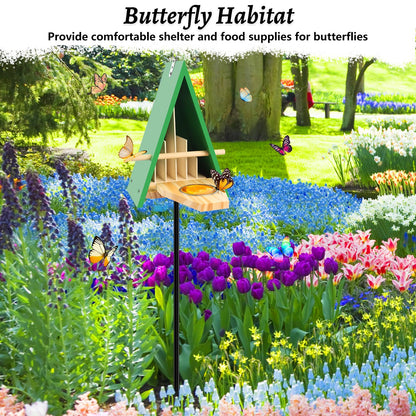 New Butterfly House and Feeder for Outside, Wooden Butterfly House with Metal Stake for Garden, Natural Butterfly Habitat with Butterfly Puddler on The Floor or Hanging on Tree Wall