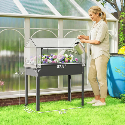 Elevated Raised Garden Bed with Mini Greenhouse, Dark Gray Metal Planter Box with Flip-Up Protective Cover, 39.4" x 18.9" x 48.8", 110 lbs Capacity