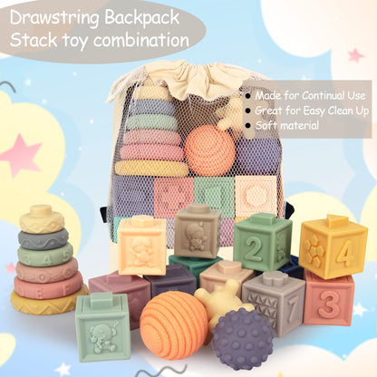 21PCS Montessori Toys for Babies,Teething Toys for Babies Months, 6 Months+, Early Educational Learning Stacking Tower, Sensory for Toddlers 1-3, Soft Rings Stacker & Teethers