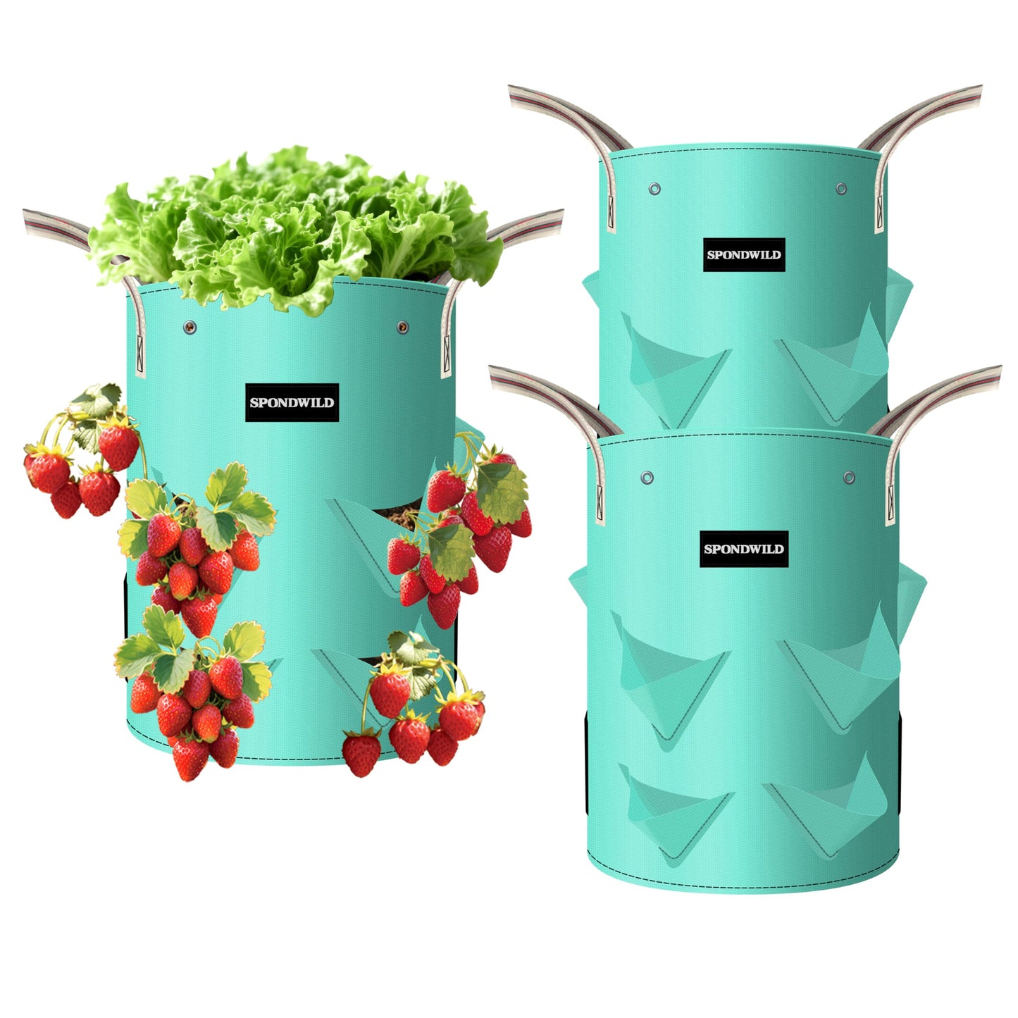 SPONDWILD 3 Pack 10 Gallon Strawberry Grow Bags, Heavy Duty PE Plant Pots with Breathable Windows and Drainage Holes, Ideal for Strawberries, Veggies, Flowers and Balcony