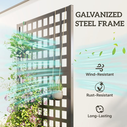 Outsunny Galvanized Raised Garden Bed with Trellis, Metal Planter Box with Drainage Holes, Outdoor Privacy Screen for Climbing Plants, Vegetable, Vines, 35" x 16" x 70", Gray Wood Effect