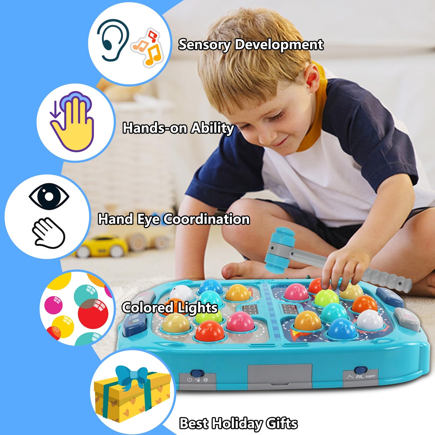Whack Game Mole, Game 3+ Year Old, 3 Year Old Boy, 4 Year Old Toy, Gift for 3 Year Old, 11x15in Larger 2-Players Whack Toy with 5 Modes, 9 Speeds, 54 Levels, Light&Sounds, Birthday Gift for Todders