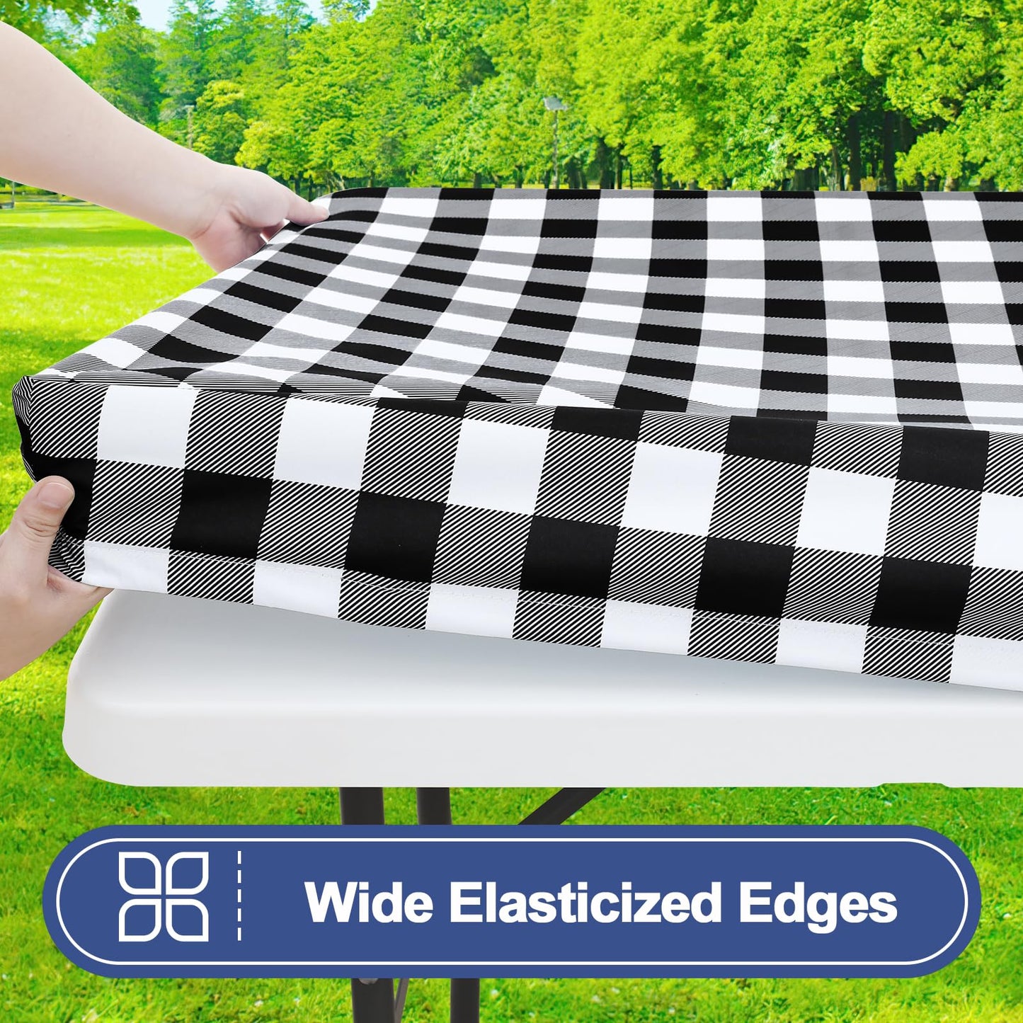 Smiry Picnic Table Cloth 2 Pack, Waterproof Elastic Fitted Tablecloths for 6FT Rectangle Tables, Washable Polyester Buffalo Plaid Tablecloth for Camping, Dining & Outdoor (Black & White, 30" x 72")