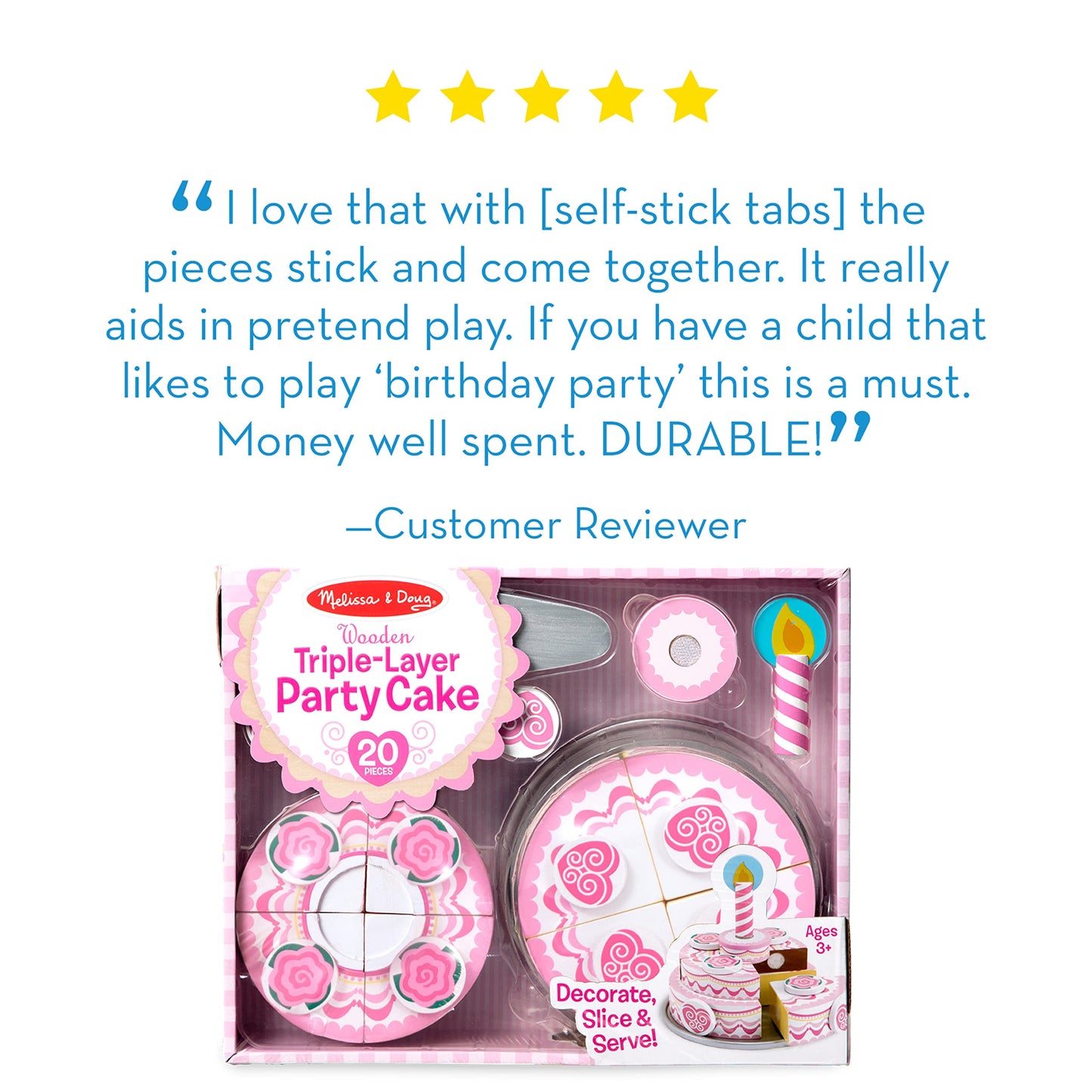 Melissa & Doug Triple-Layer Party Cake Wooden Play Food Set - Birthday Cake Pretend Food Play Set for Toddlers, Kids Ages 3+