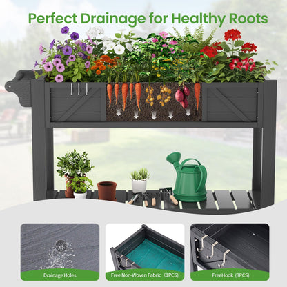 Elevated Raised Garden Bed with Legs & Wheels, 47x17x29.7in Large Planter Box with Handle & Shelf, HIPS All-Weather Outdoor Planter with Drainage Holes, Liner & Hooks for Vegetables, Herbs & Flowers