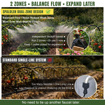 100FT Drip Irrigation System Kit Dual-Zone Garden Atomizing Watering System with 30 Copper 360° Adjustable Bendable Nozzles,Y-Splitter, Leak-Proof 1/4" Misting System for Garden Greenhouse Raised Beds