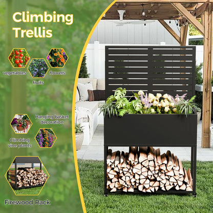 Metal Planter Box with Trellis, 3 in 1 Raised Garden Bed with Trelli & Firewood Rack, Privacy Planter Screen for Climbing Plants, Vine, Outdoor Garden Standing Beds with Drainage Holes, Wheels,Black