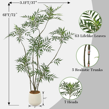 Artificial Mahonia Fortunei Tree 6FT - Faux Trees Indoor with 576 Lifelike Vivid Leaves and 7 Heads, 72" Tall Fake Potted Plant for Home Office Living Room Decor Housewarming Gift