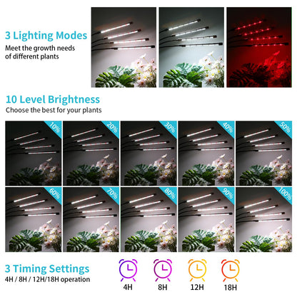 Hywyimlait Black Clip Grow Lights for Indoor Plants, 168 Full Spectrum LEDs Clip Plant Growing Lamps with Flexible Gooseneck and 4/8/12/18H Timer, 3 Spectral Modes, 10 Dimmable Levels (4 Head 1 Pack)