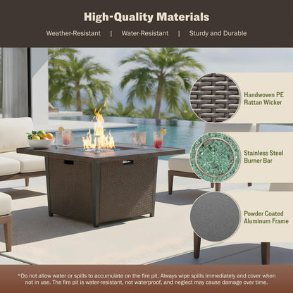 Kinger Home Ethan Rattan 42-Inch Propane Gas Fire Pit Table, Outdoor Patio Firepit, 50,000 BTU, Includes Wind Guard & Fire Glass