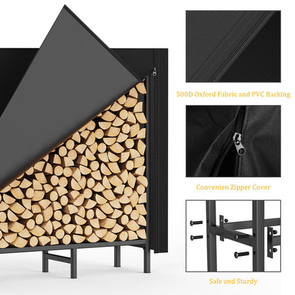 Outdoor Firewood Storage Holder with Cover, Heavy Duty Metal Indoor Log Stacker Rack with Weather Resistant 600D Oxford Fabric Cover, Wood Pile Storage Carrier Organizer Stand for Fireplace, Black