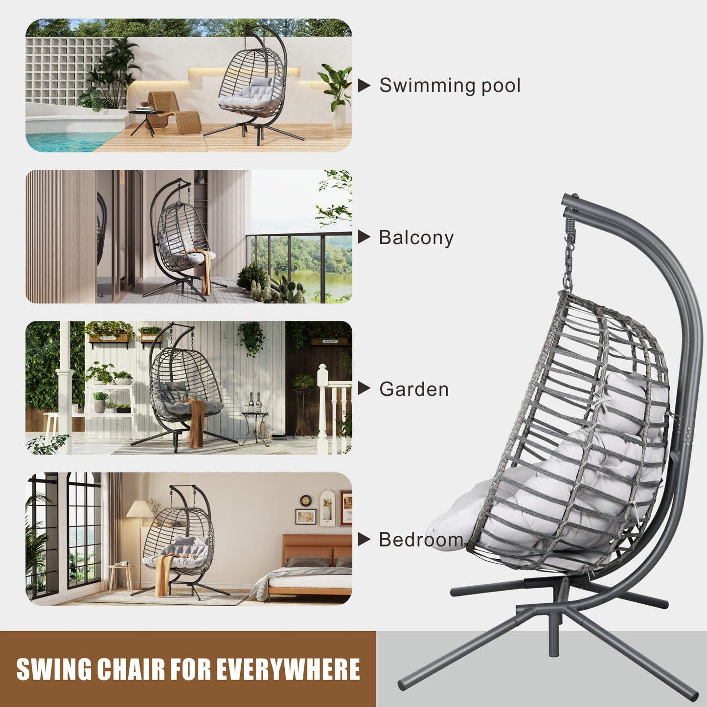 Double Hanging Egg Chair wth Stand, Patio Hammock Swing Chair with Cushion Loveseat for Bedroom, Balcony, Garden, Indoor, Outdoor