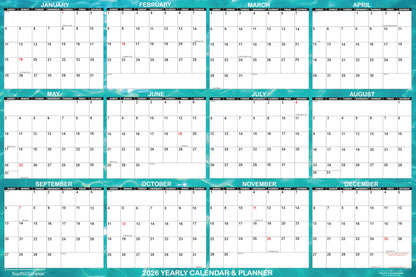 SwiftGlimpse 2026 Wall Calendar, 24" x 36" Designer Series, Large, Erasable, Yearly Wall Planner (Cool Water)