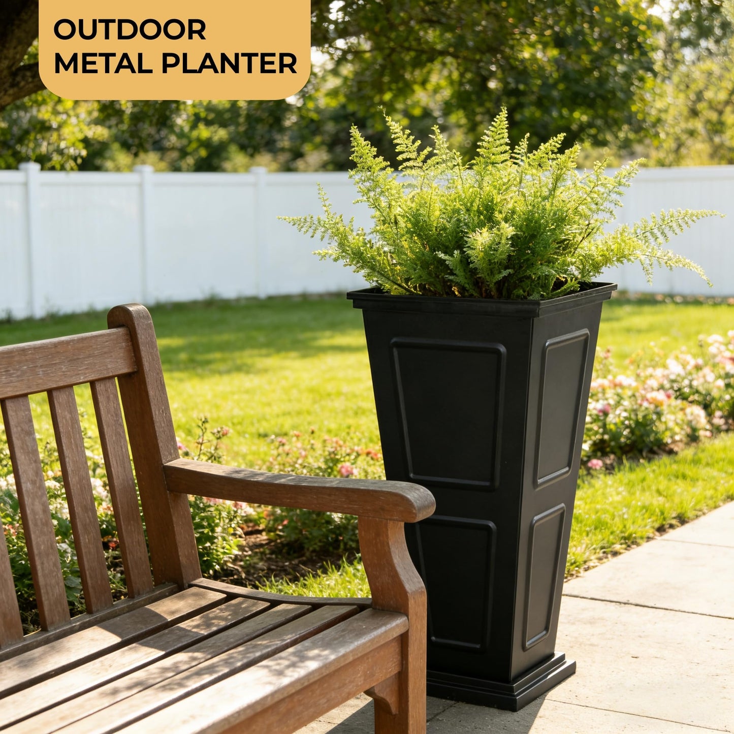 26" Tall Metallic Planter Set of 2, Black Taper Planters with Removable Partition Drainage Holes, Large Outdoor Planter for Front Porch, Garden, Patio, Balcony, Classic Estate Design, All-Weather Use