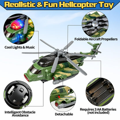 Hymaz Helicopter Toy for Kids 3-5 4-7, Army Military Plane Toy with Lights and Music, 360° Rotating, Bump and Go Airplane Toys for Boys Girls Toddlers Indoor Play Birthday Easter Gifts