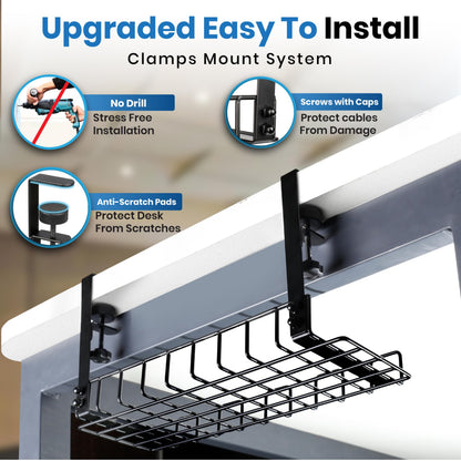Under Desk Cable Management Tray, 16” No Drill Cord Organizer with Clamps for Wire Management, 4mm Sturdy Wire Desk Cable Organizer Tray, Cable Management Rack for Office