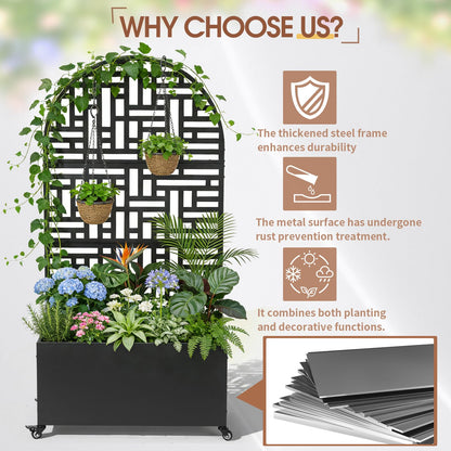VINGLI 71″H Metal Raised Garden Bed with Trellis and Wheels, Outdoor Planter Box with Drainage Holes for Climbing Plants, Vegetables and Vines, Privacy Screen, for Patio, Backyard and Balcony, Black