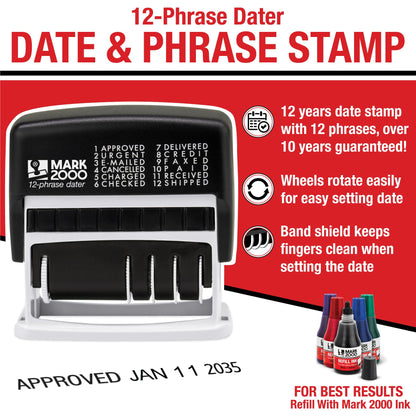 Mark 2000 12-Phrase Dater - Self-Inking Stamp - Blue Ink, Red Date