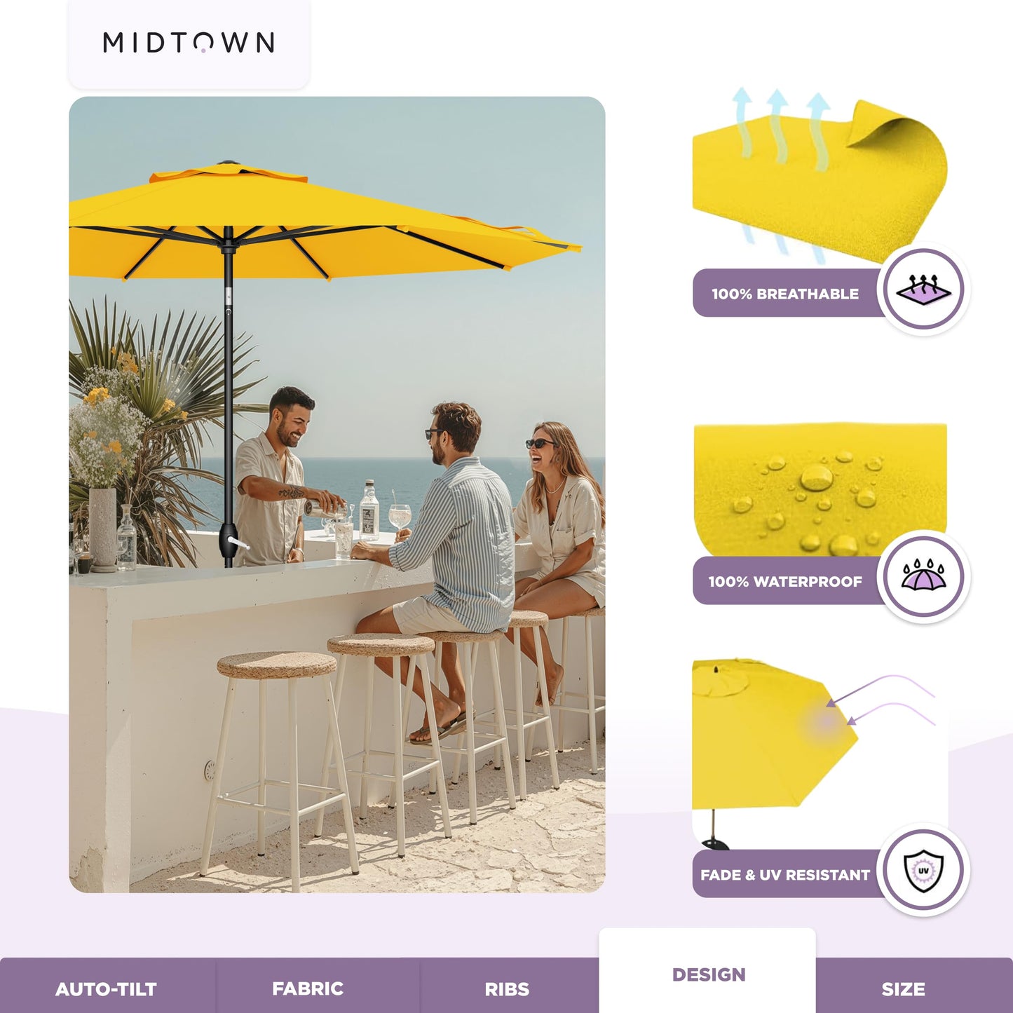 Midtown Umbrellas – The Lean 8 Ft Patio Umbrella with 10-Year-No-Fade Acrylast Acrylic Fabric, Auto-Tilt and 8 Reinforced Ribs for Deck, Pool, Garden, Hotel & Cafes – Studio Yellow Canopy, Black Pole