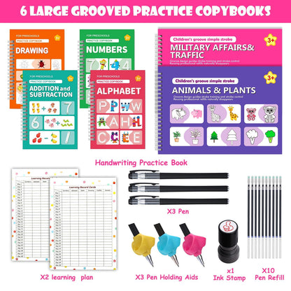 6 Pack Magic Grooved Writing Practice Books for Kids,Reusable Handwriting Practice with Pen,Pencil Grisp,Cute Seal and Learning Schedule ,Pecfect Tracing Copybook for Kindergarten Preschool Age 3-8