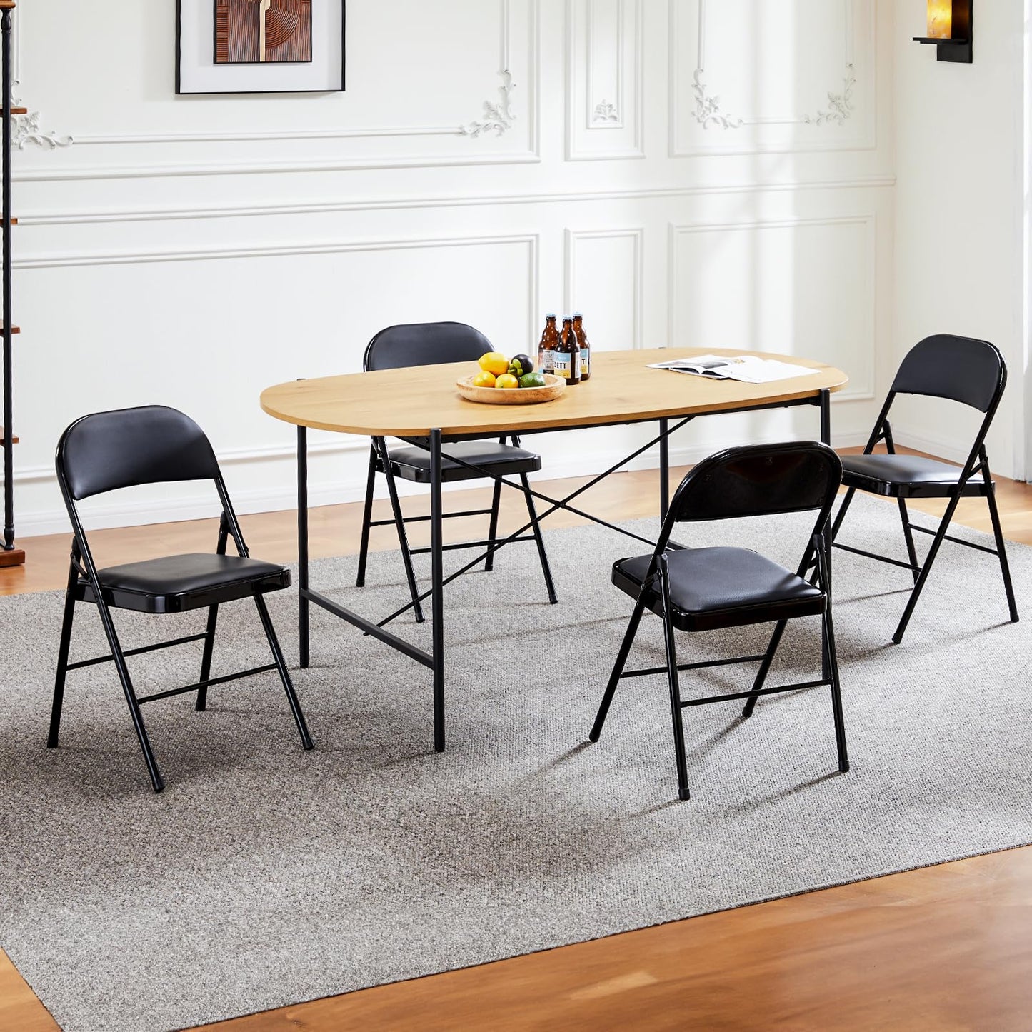 Sweetcrispy Folding Chair 4 Pack, Leather Padded Folding Chairs, Sturdy Metal Foldable Chairs, Easy to Use and Store, Outdoor and Indoor, for Home, Office, Party, Comfy, Black