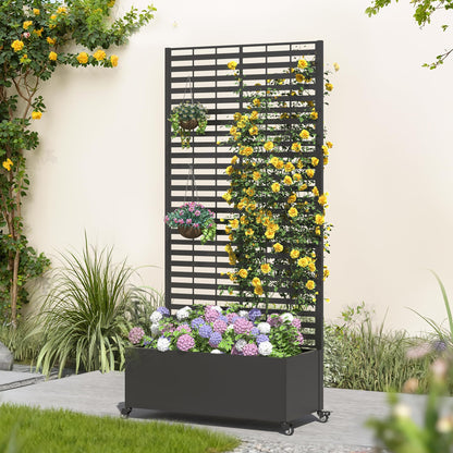 UPHYB Metal Planter Box with Trellis, 73"x 35"x 16" Raised Garden Bed with Wheels and Drainage Holes, Planter with Trellis for Garden, Balcony and Patio, Black Louvered