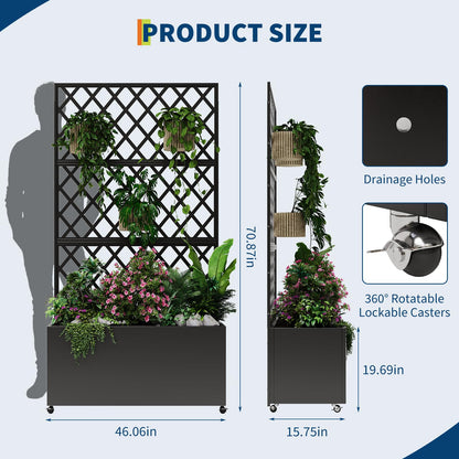 IDEAHOUSE Steel Raised Garden Bed w/Trellis & Privacy Screen - 71x46x16 in Planter Box w/Lockable Casters, Drainage Holes for Vines, Vegetables on Patio, Deck, Yard, Black