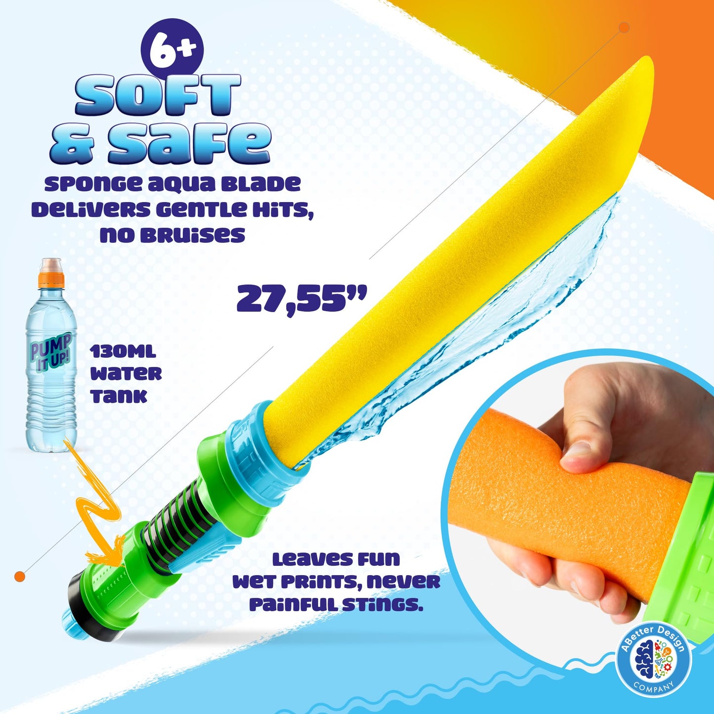 SPLASH JAM AQUA SWORD, Fun Swimming Pool Toys Made from Soft Foam Sponges Suitable for Kids 6+ Ages, Exciting Outdoor Summer Games with 130ml Water Tank, Orange (Yellow)
