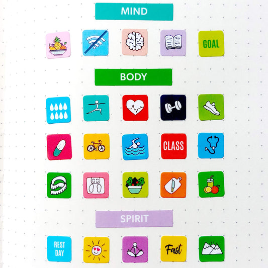 Mirida Planner Stickers - Fitness Pack of 2076 Mini Icons for Workout, Healthy Diet, Gym Exercise, and Habits - for Calendar and Journal