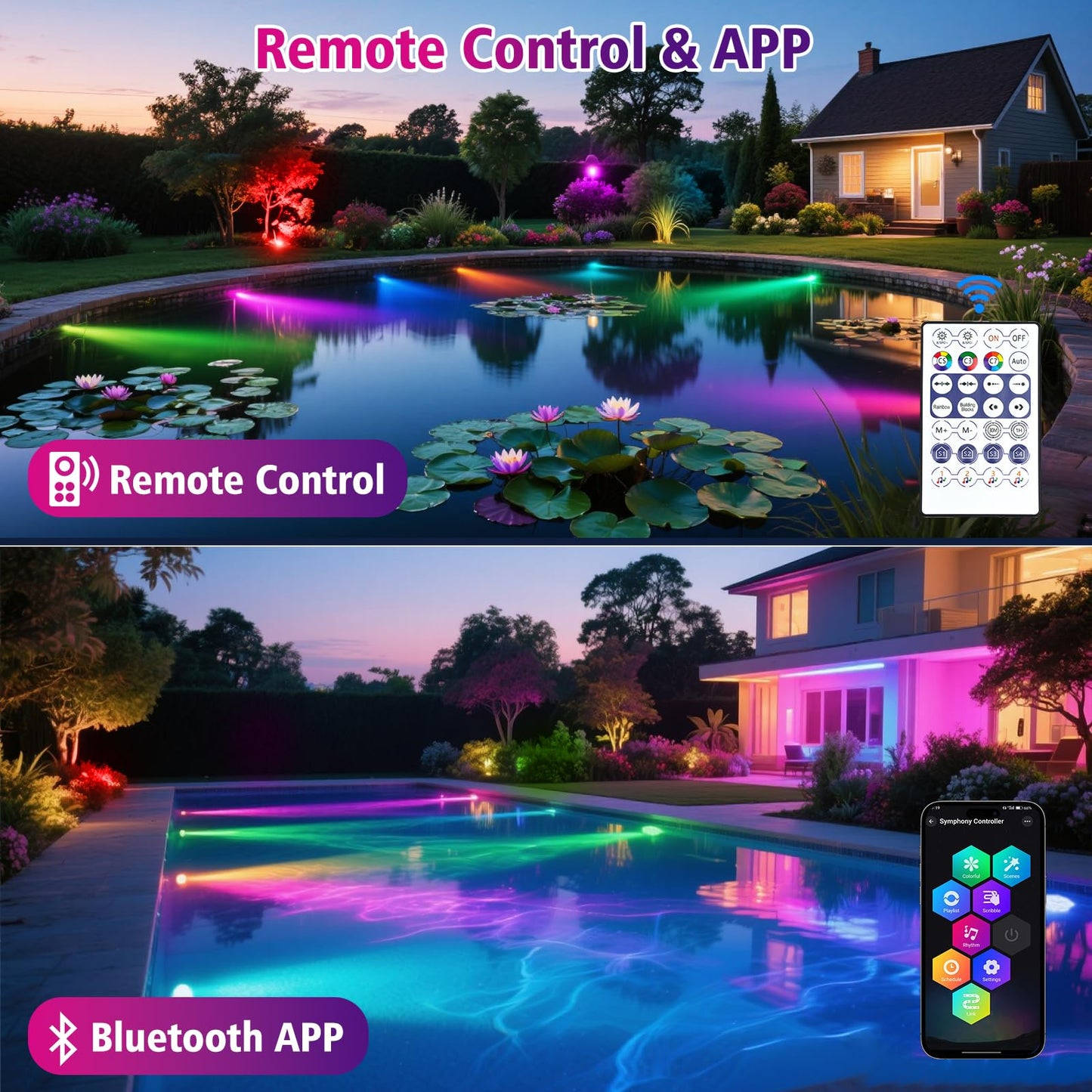 T-SUN Color Changing Pond Lights LED Underwater Fountain Lights with Bluetooth APP Control, IP68 Waterproof Submersible Spotlight for Aquariums, Fish Tanks, Pools, Garden and Yard Ponds (Set of 6)